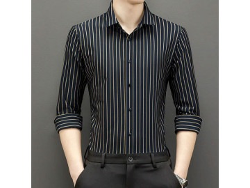 Camisa Masculina Social Listrada Confort Stretch Manga Longa - Preto