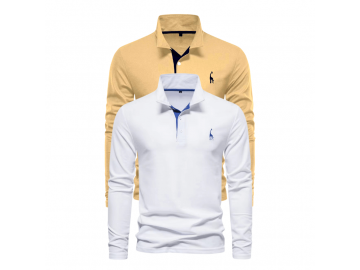 Kit 2 Camisas Polos Masculina Manga Longa Animals - Branco e Caqui 