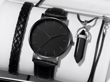 Kit 3 Peças Relógio Masculino + Pulseiras e Colar em Couro - Preto 