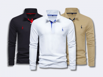 Kit 3 Camisas Polos Masculina Manga Longa Animals - Branco, Preto e Cáqui 