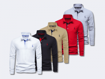 Kit 5 Camisas Polos Masculina Manga Longa Animals - Branco, Preto, Cáqui, Cinza e Vermelho - Frete Grátis 